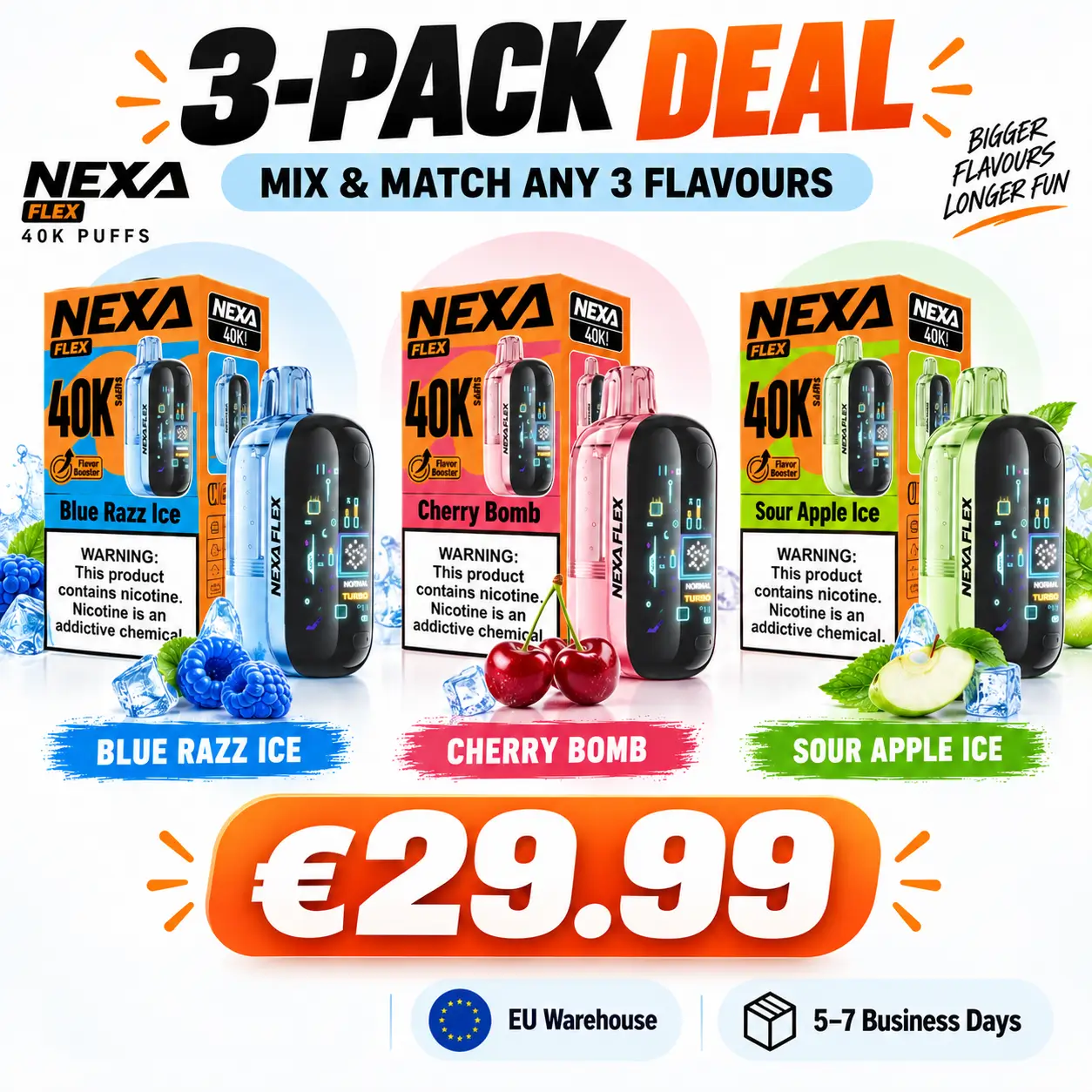 NEXA FLEX 40K 3-Pack Deal for €29.99 with Three Flavour Options, EU Warehouse and 5–7 Business Day Delivery