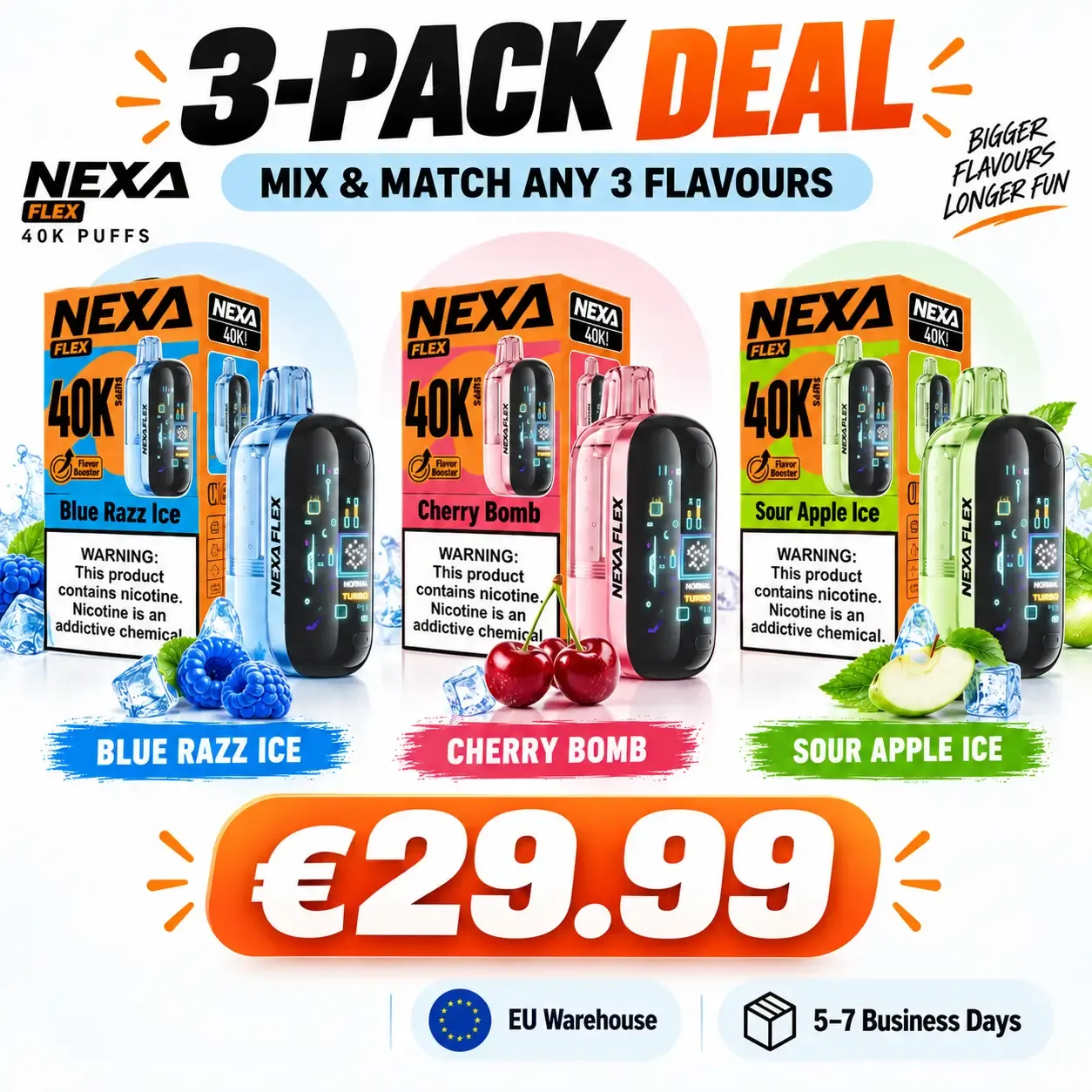 NEXA FLEX 40K 3-Pack Deal for €29.99 with Three Flavour Options, EU Warehouse and 5–7 Business Day Delivery