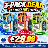NEXA FLEX 40K 3-Pack Bundle €29.99 – Mix and Match Any 3 Flavours, Blue Razz Ice, Cherry Bomb and Sour Apple Ice