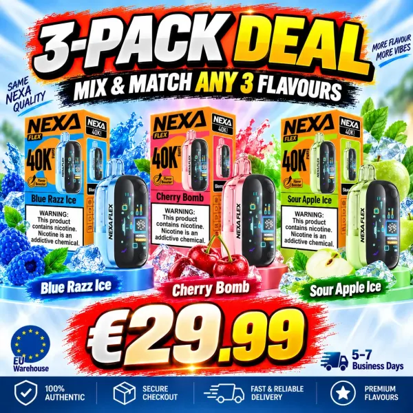 NEXA FLEX 40K 3-Pack Bundle €29.99 – Mix and Match Any 3 Flavours, Blue Razz Ice, Cherry Bomb and Sour Apple Ice