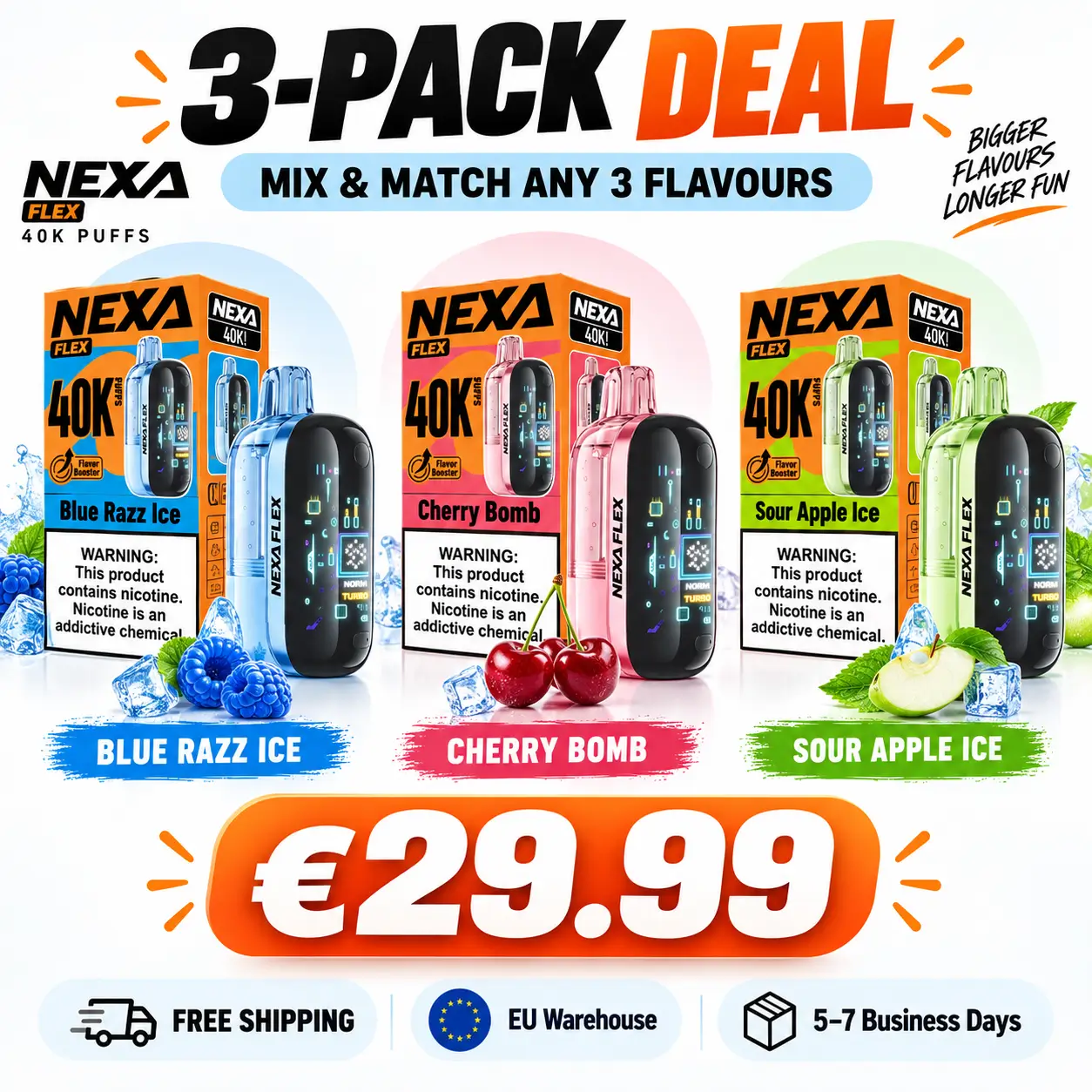 NEXA FLEX 40K 3-Pack – Mix & Match Flavours | €29.99 + Free Shipping