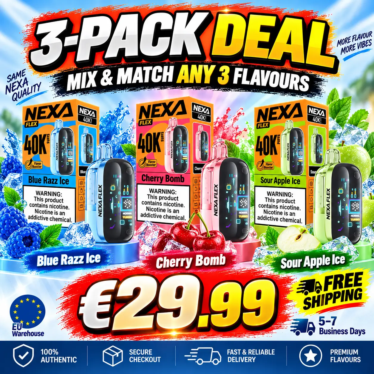 NEXA FLEX 40K 3-Pack – Mix & Match Flavours | €29.99 + Free Shipping