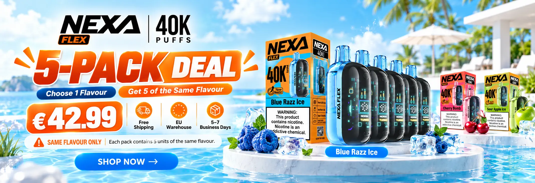 NEXA FLEX 40K hybrid disposable vape 5-pack banner featuring five devices, same-flavour bundle offer and bright blue tropical background