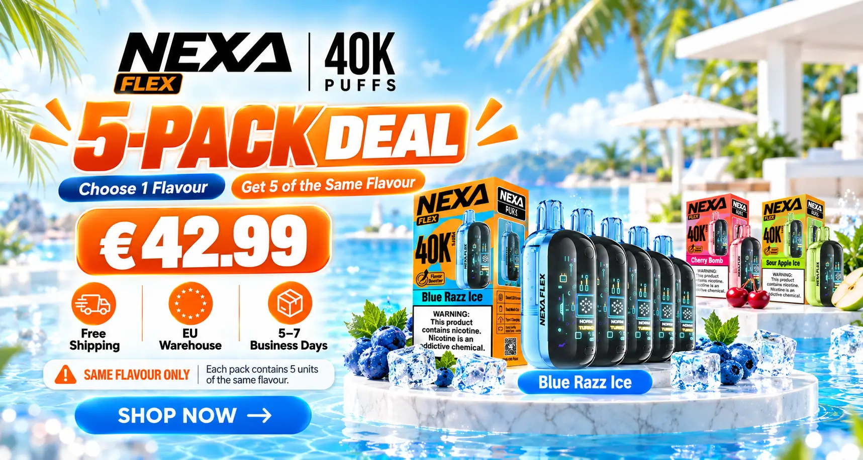 NEXA FLEX 40K disposable vape 5-pack with five devices, one-flavour bundle promotion and colourful tropical beach background