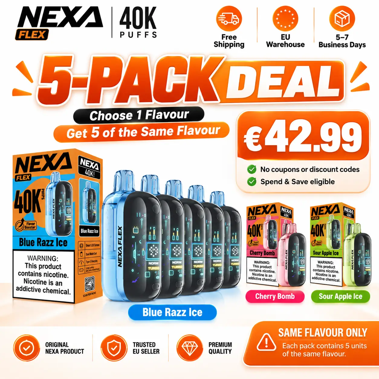 NEXA FLEX 40K 5-Pack – Same Flavour | €42.99 + Free Shipping