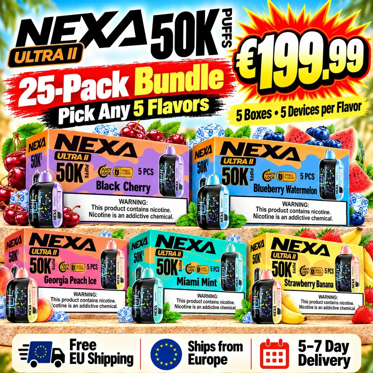 25-Pack €199.99 | NEXA ULTRA II 50K Disposable Vape · Pick 5 Flavors