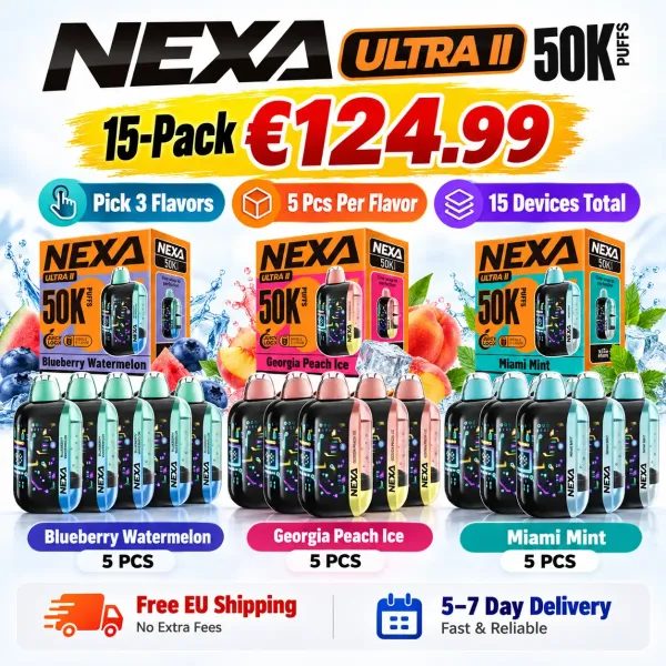 15-Pack €124.99 | NEXA ULTRA II 50K · Pick 3 Flavors