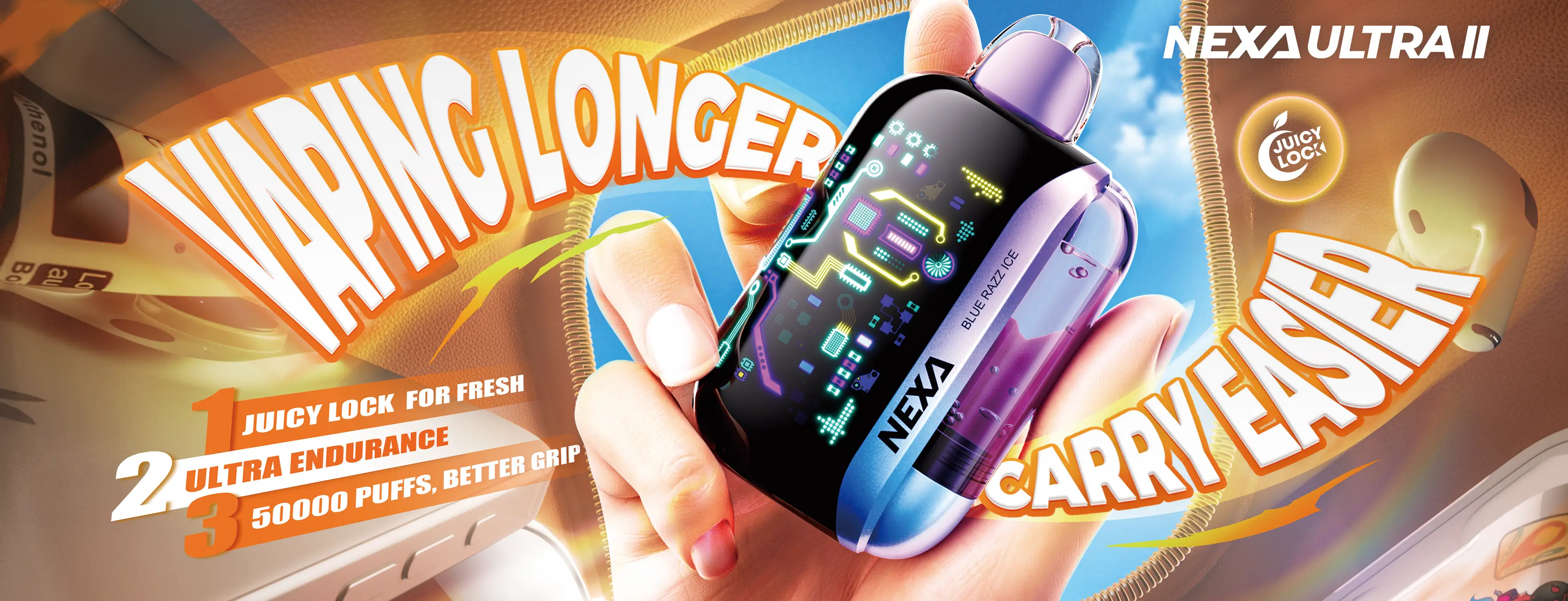 NEXA ULTRA 2 50K disposable vape featuring a rechargeable device, smart LED display and transparent e-liquid tank