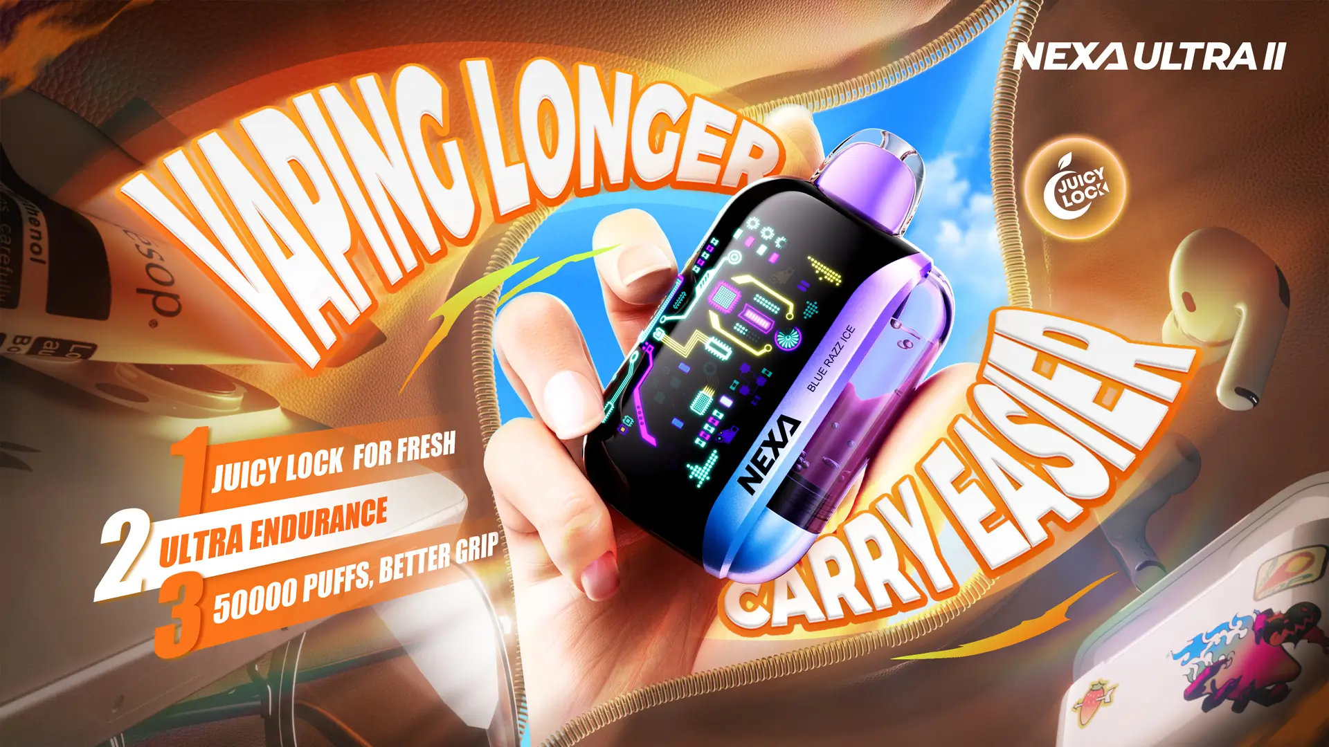 NEXA ULTRA 2 50K rechargeable disposable vape with visible e-liquid tank and intelligent LED screen