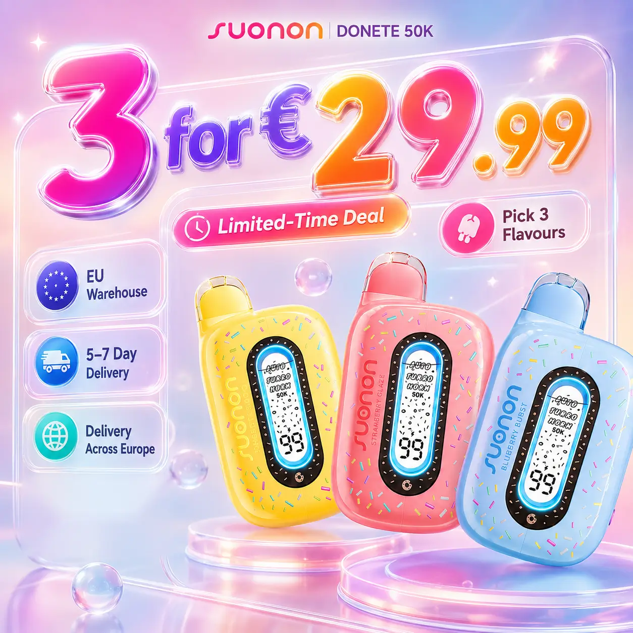 SUONON DONETE 50K 3-Pack Promotional Deal – Choose Any 3 Flavours for €29.99, Ships from EU Warehouse