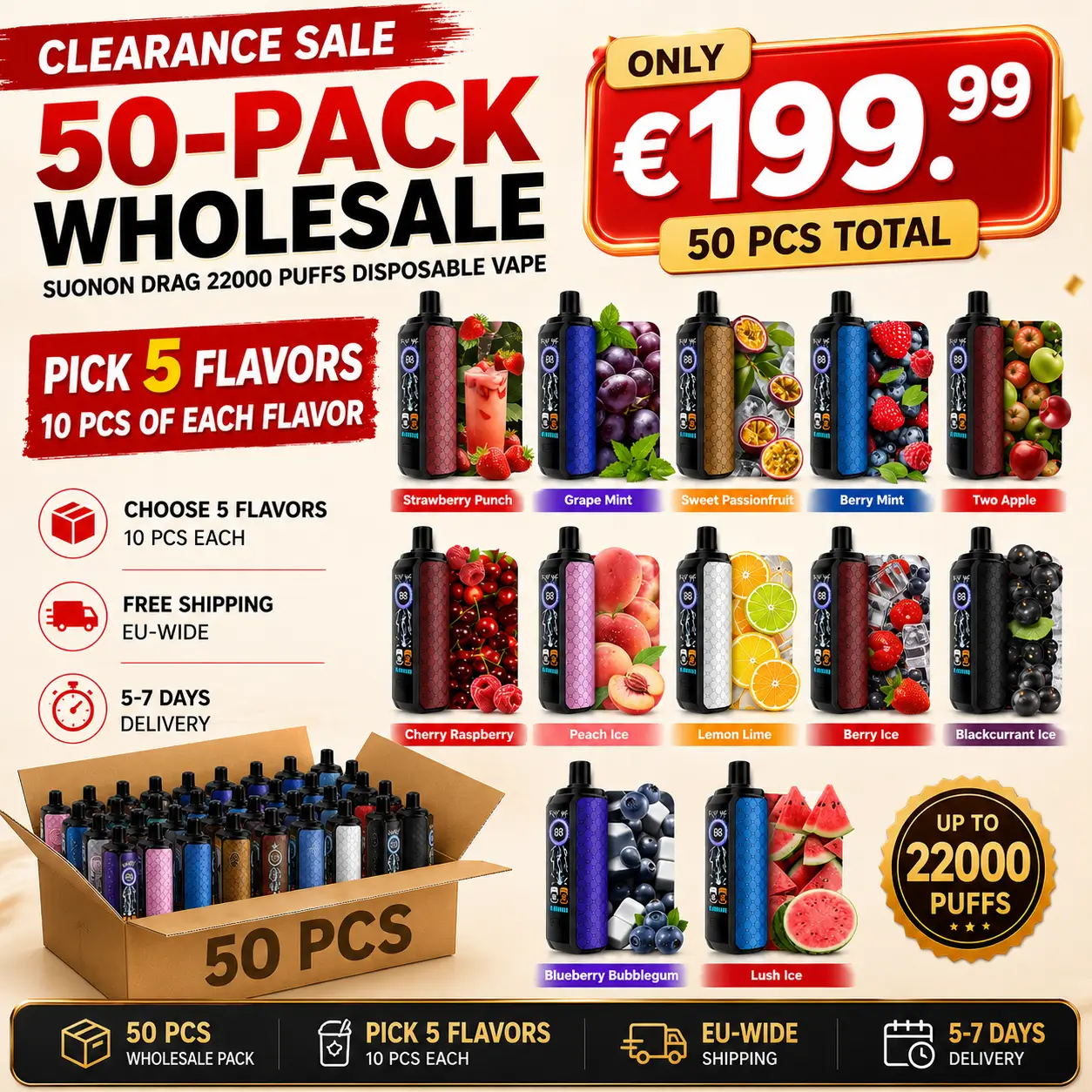 50-Pack Wholesale | Suonon 22K Disposable Vape — Pick 5 Flavors, 10 Each