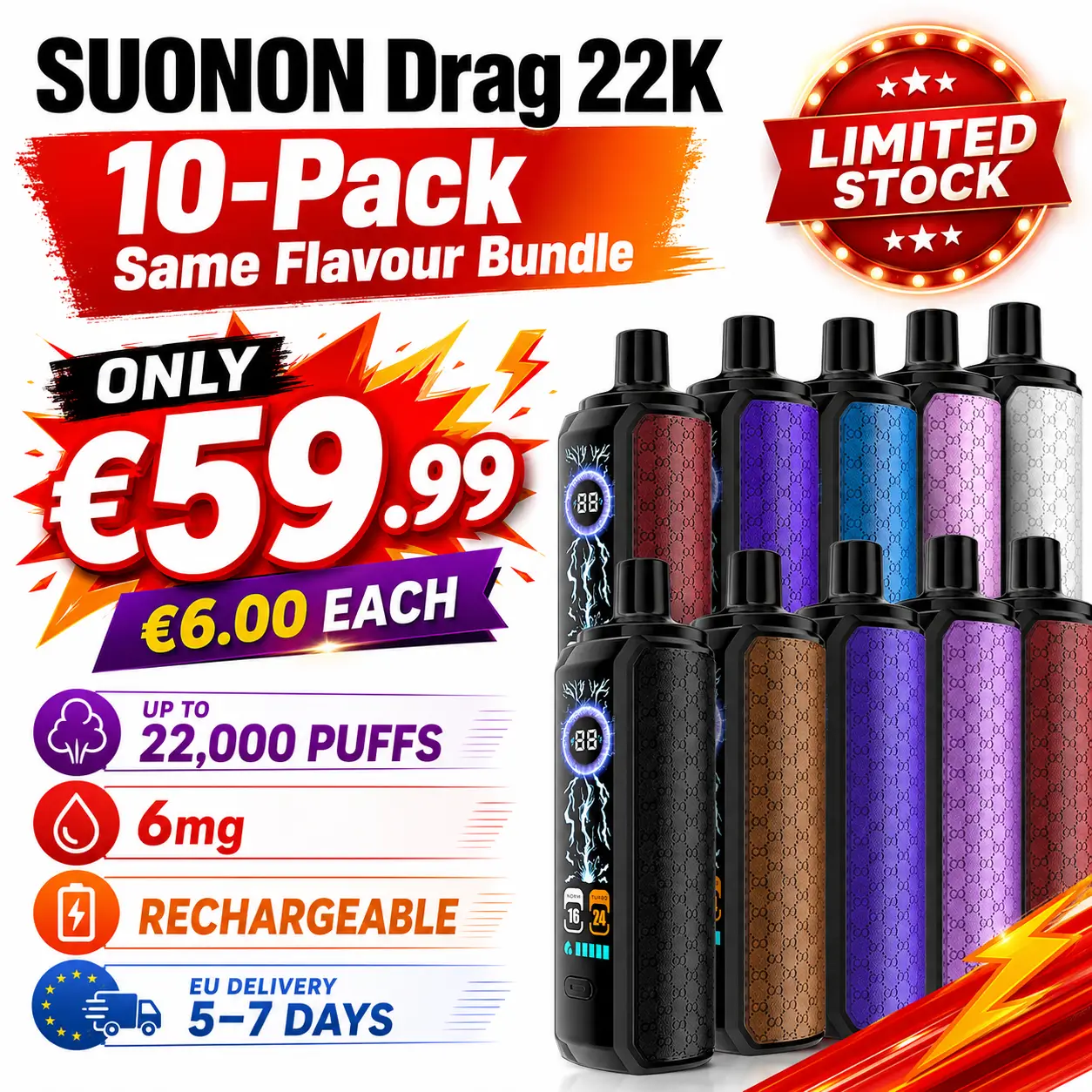Suonon 22K Disposable Vape 10-Pack — 6mg Same Flavor Bundle