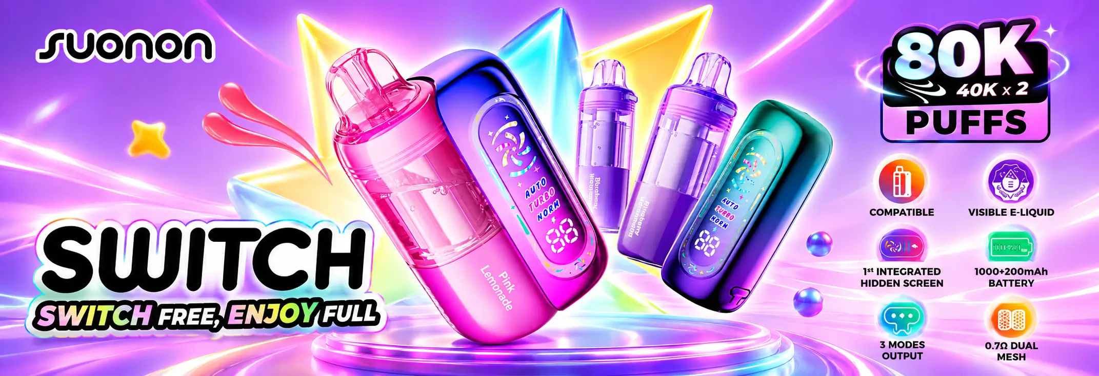 SUONON Switch 80K hybrid disposable vape kit with rechargeable device, replaceable 40K puff pods and colourful product display