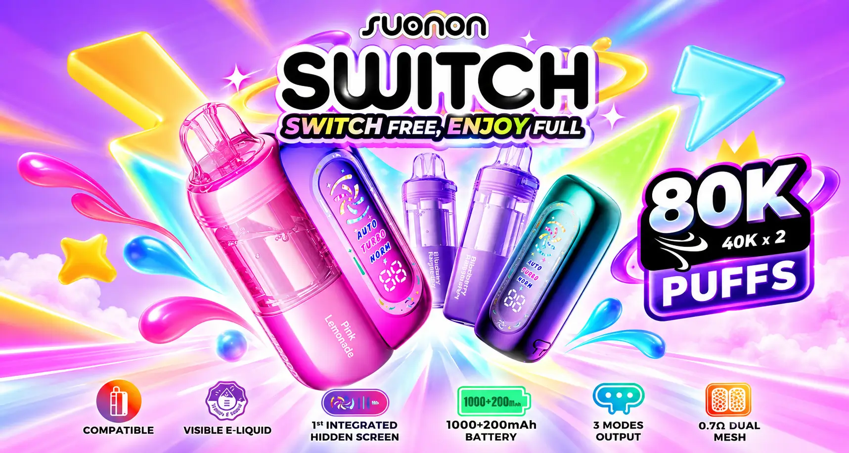 SUONON Switch 80K hybrid disposable vape kit featuring a rechargeable device and replaceable pods on a colourful background