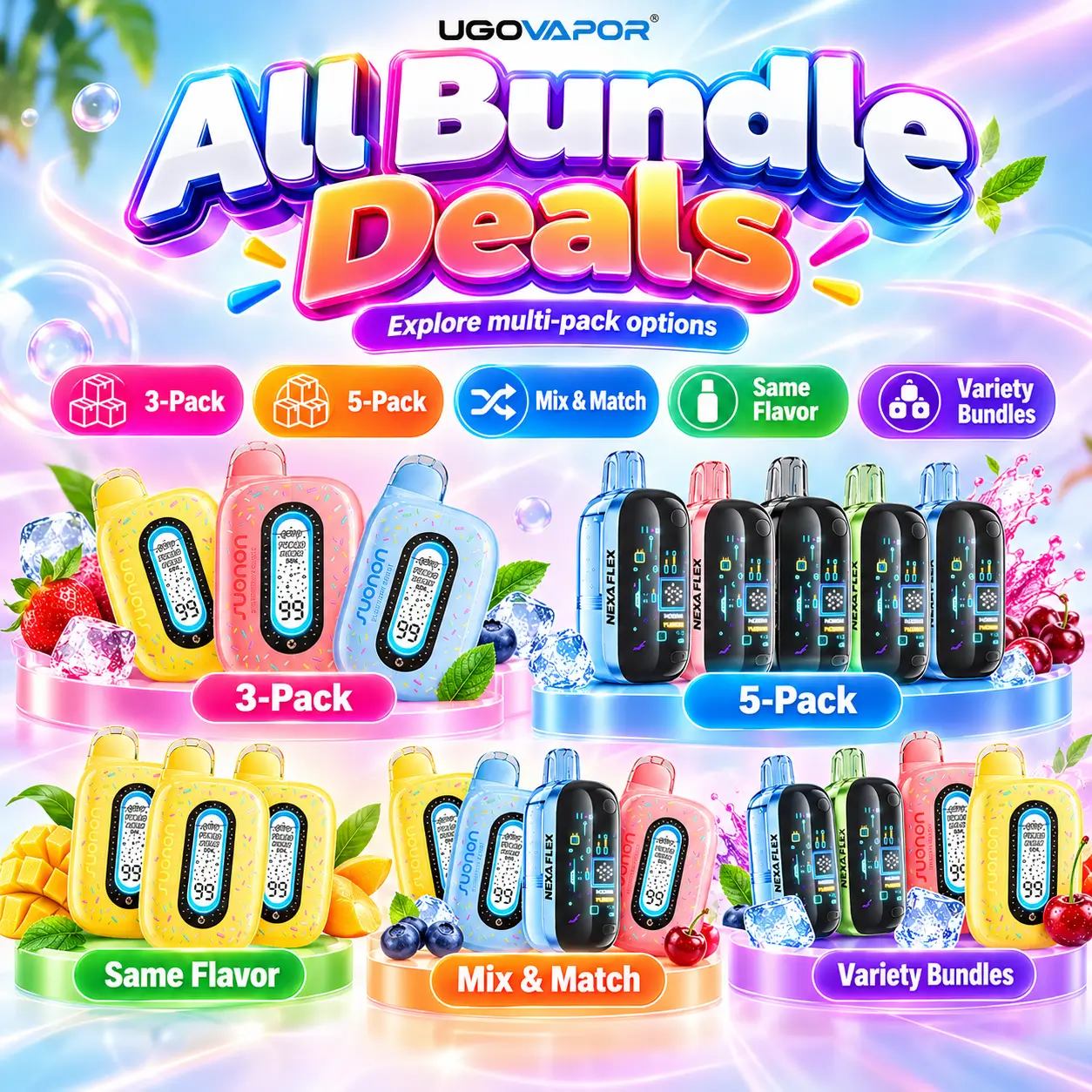 UGOVAPOR disposable vape bundle deals featuring NEXA and SUONON devices, including 3-pack, 5-pack, same-flavour and mix-and-match options.