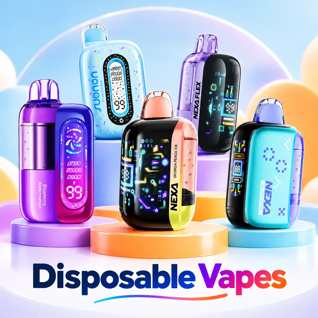 Disposable vapes collection featuring NEXA FLEX 40K, PIX 35K, ULTRA II 50K and SUONON devices in different colours on pastel display stands