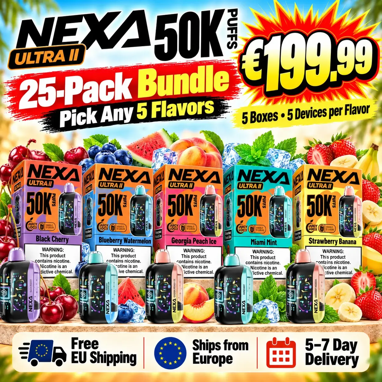 25-Pack €199.99 | NEXA ULTRA II 50K Disposable Vape · Pick 5 Flavors