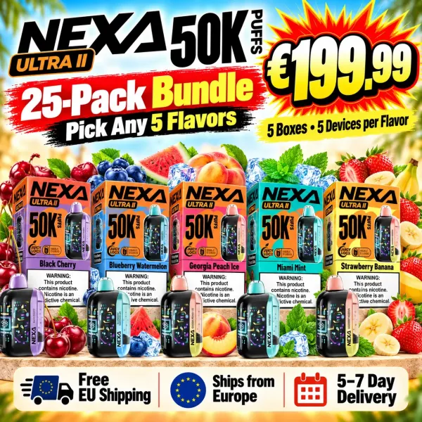 25-Pack €199.99 | NEXA ULTRA II 50K Disposable Vape · Pick 5 Flavors