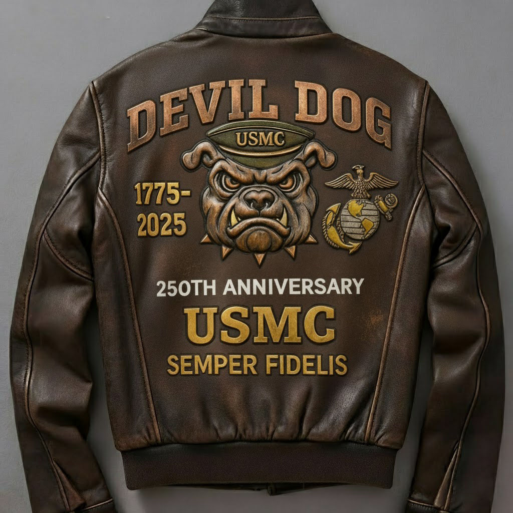 Retro Distressed Devil Dog Military Style Tough Guy Leather Coat
