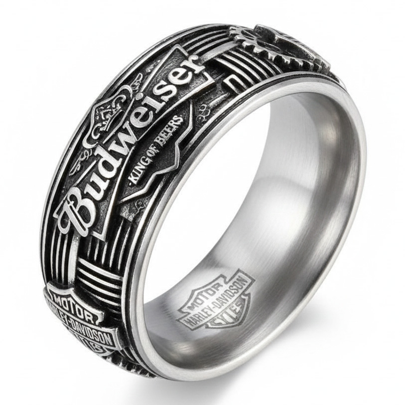 Vintage Rock Budweiser Harley Stainless Steel Biker Band Ring
