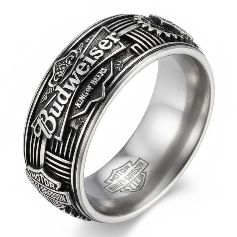 Vintage Rock Budweiser Harley Stainless Steel Biker Band Ring