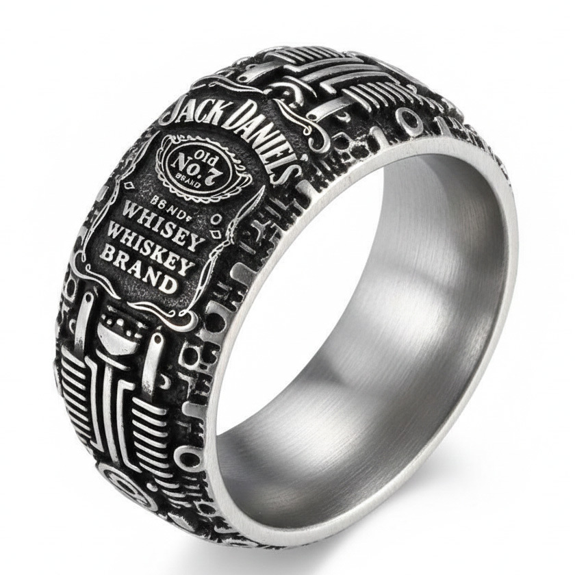 Punk Rock Jack Daniels Whiskey Motor Engine Carved Band Ring