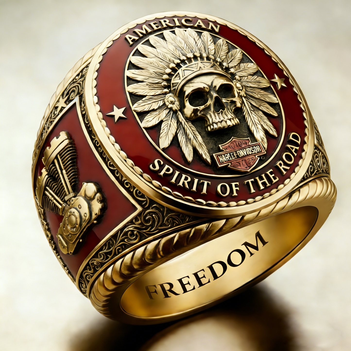 Biker patriotic eagle wings freedom engraved gold mechanical rider ring