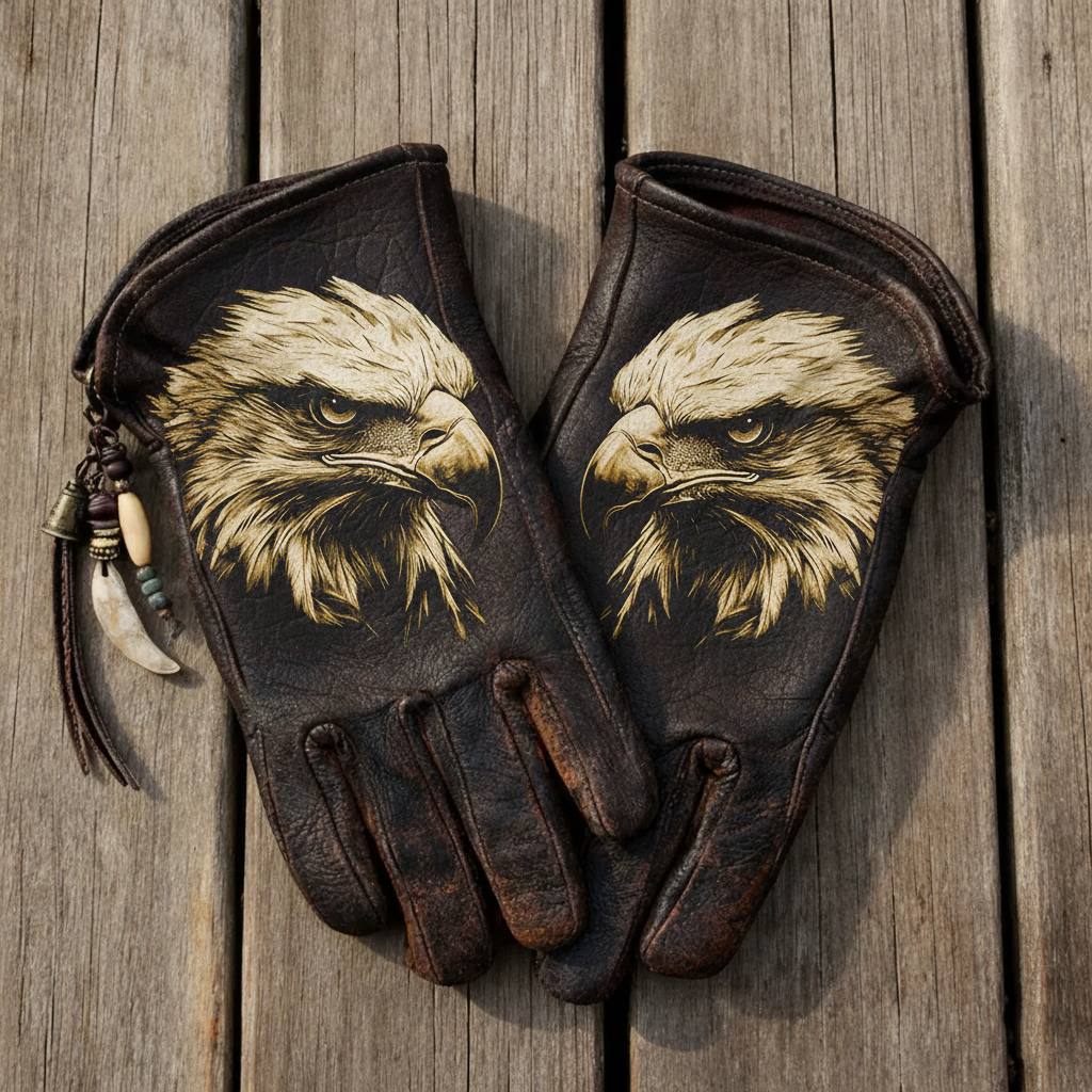 Tribal Aesthetic Dark Brown Leather Bald Eagle Charm Biker Gloves
