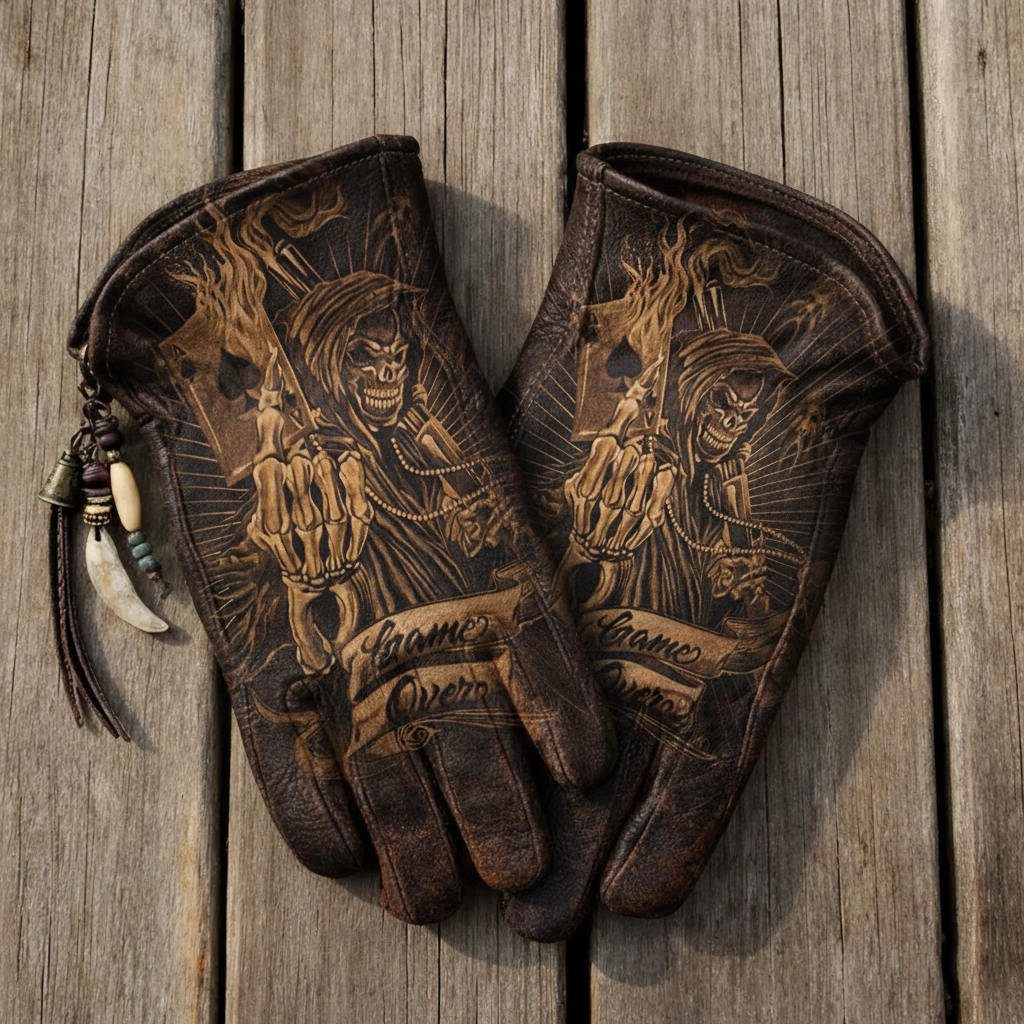 Dark Reaper Style Game Over Grim Skeleton Leather Motor Gloves