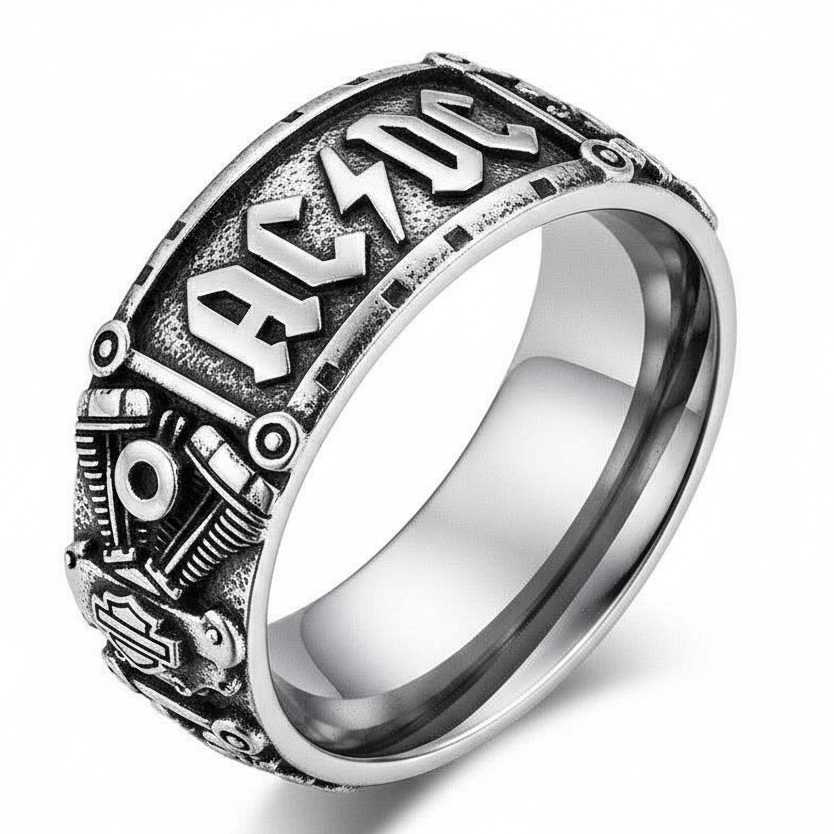 Hard Rock AC/DC Harley Motor Stainless Steel Biker Band Ring