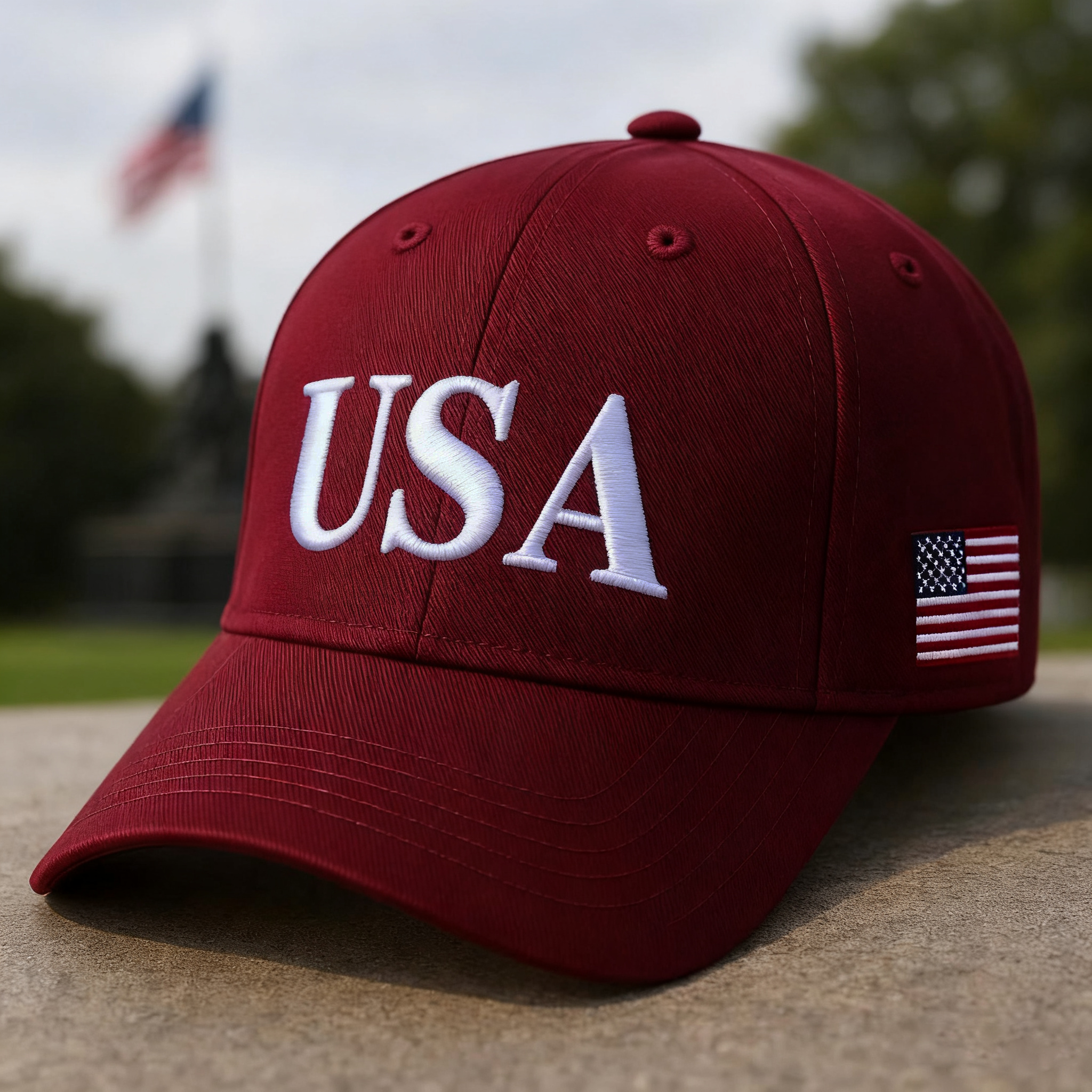 Classic Burgundy “USA” Baseball Cap with American Flag Embroidery