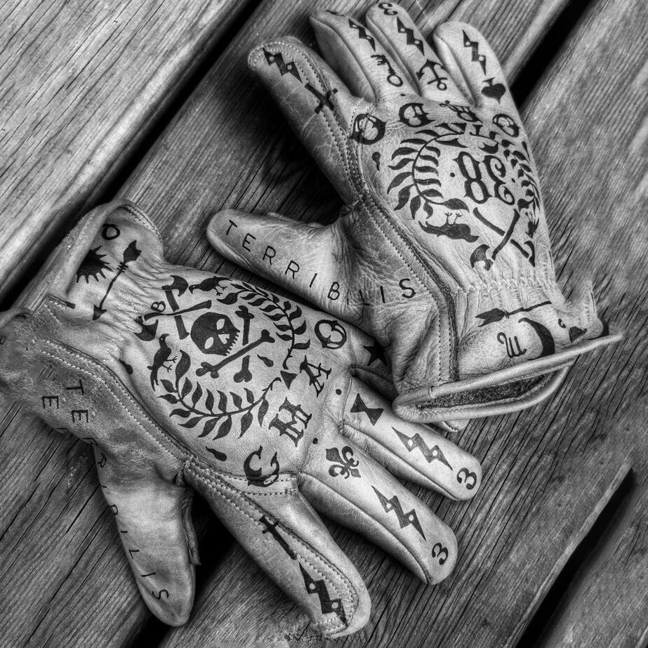 Vintage Traditional Tattoo Flash Print Distressed Tan Leather Gloves