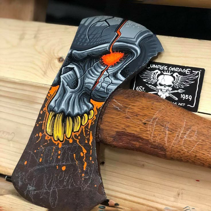 Cyberpunk Style Mechanical Skull Illustration Hand Painted Decorative Hatchet