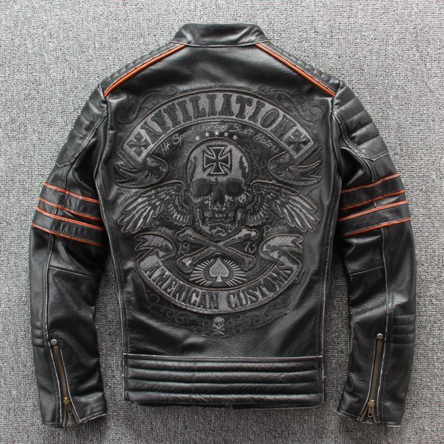 Retro Biker Embroidered Skull Winged Genuine Leather Jacket