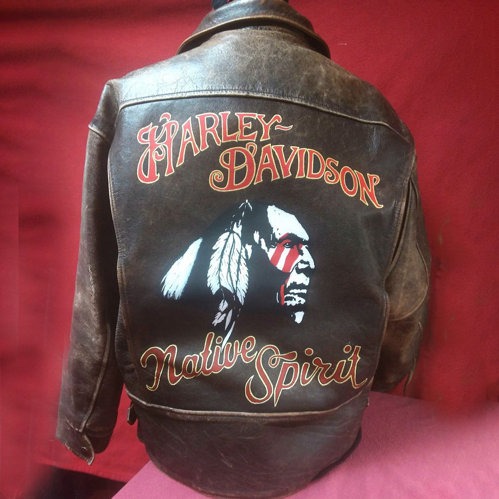 Western Retro Native American Chief Graphic Distressed Brown Leather Jacket