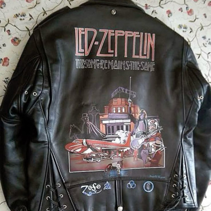 Rock Roll Classic Band Graphic Painted Black Moto Leather Jacket