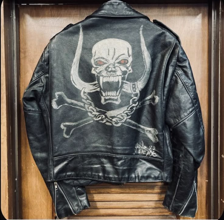 Heavy Metal Horned Skull Graphic Painted Black Moto Leather Jacket