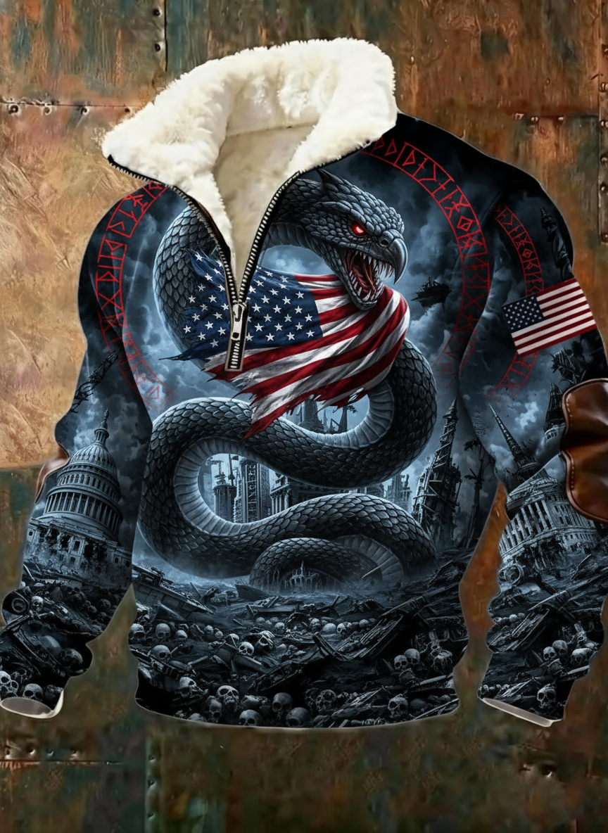 Gothic World Serpent American Flag Doomsday City Fleece Jacket
