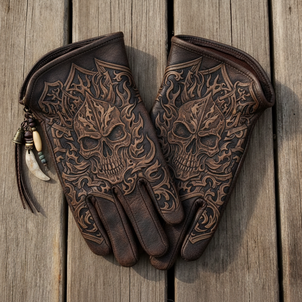 Vintage Style Skeletal Monarch Pattern Motorcycle Riding Gloves
