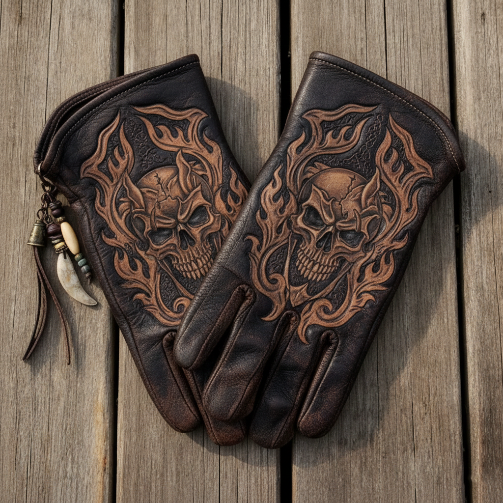 Vintage Style Skeletal Monarch Pattern Motorcycle Riding Gloves