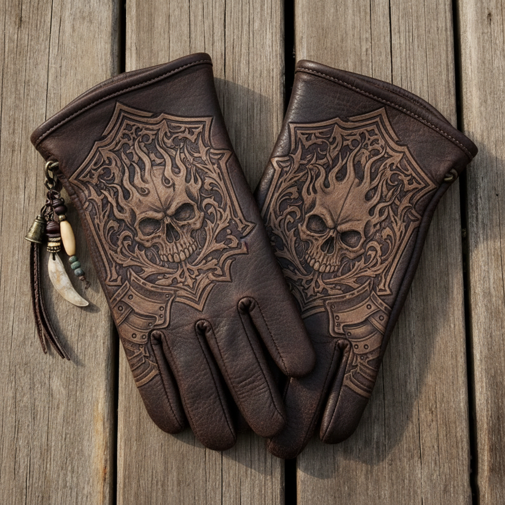 Vintage Style Skeletal Monarch Pattern Motorcycle Riding Gloves