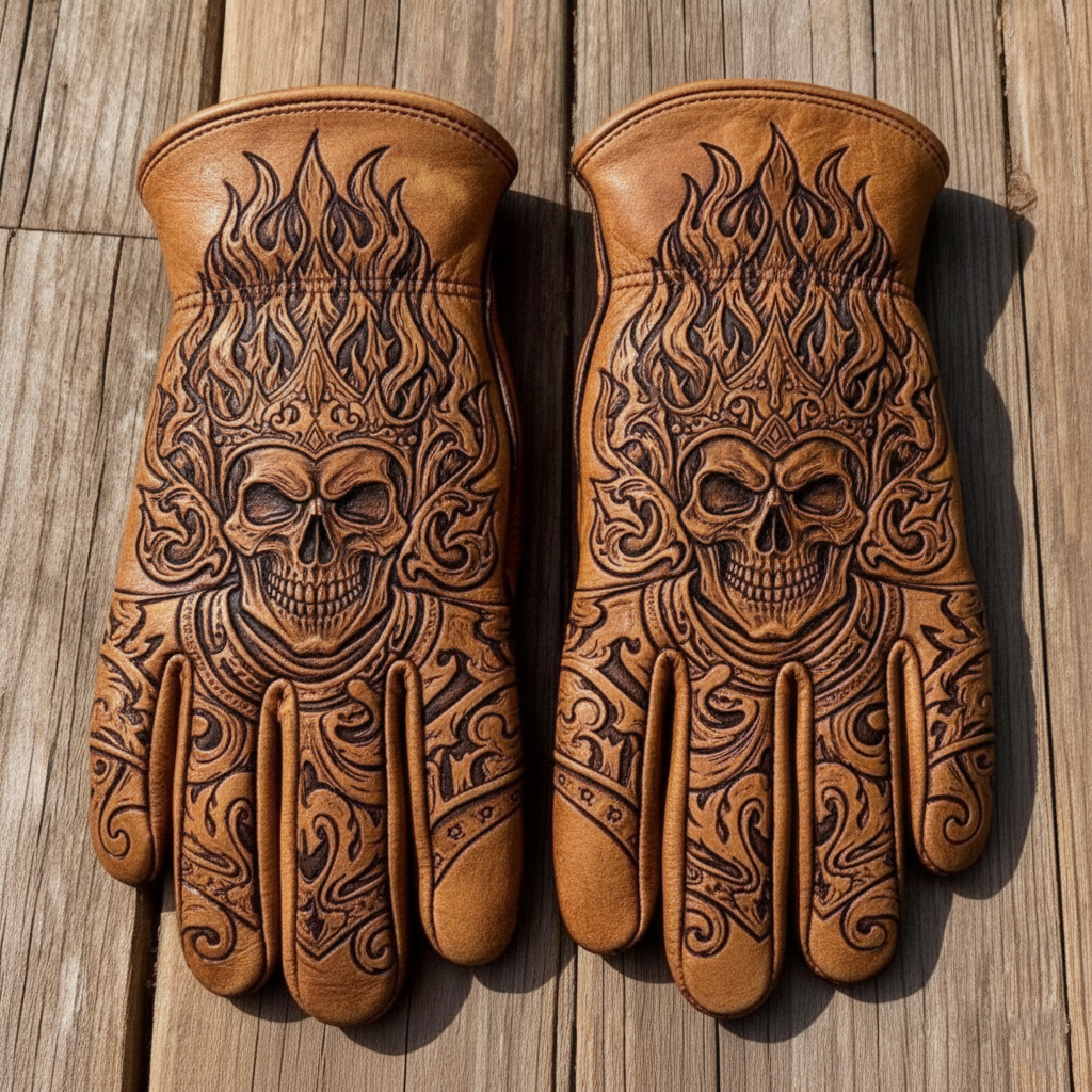 Vintage Style Skull Heraldry Pattern Motorcycle Riding Gloves