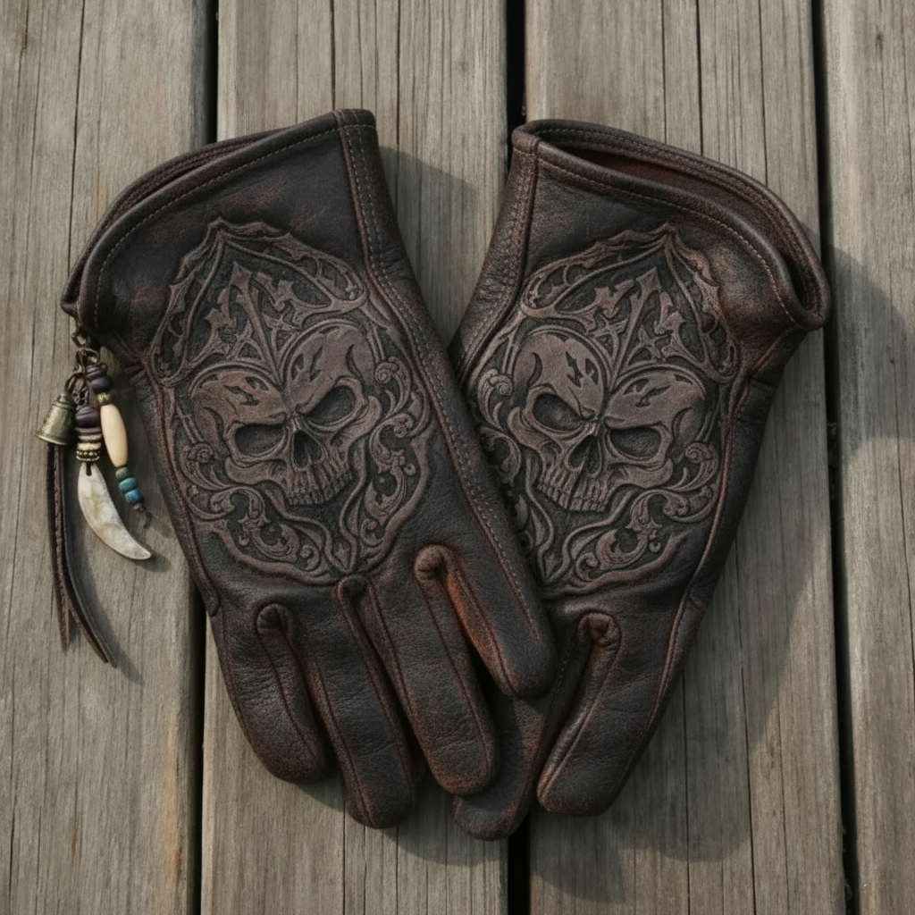 Vintage Style Skull Heraldry Pattern Motorcycle Riding Gloves