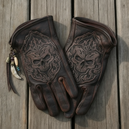 Vintage Style Skull Heraldry Pattern Motorcycle Riding Gloves
