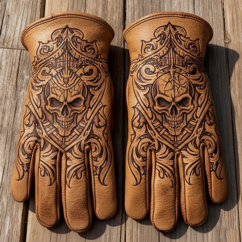 Vintage Style  Crown of Bones Pattern Motorcycle Riding Gloves