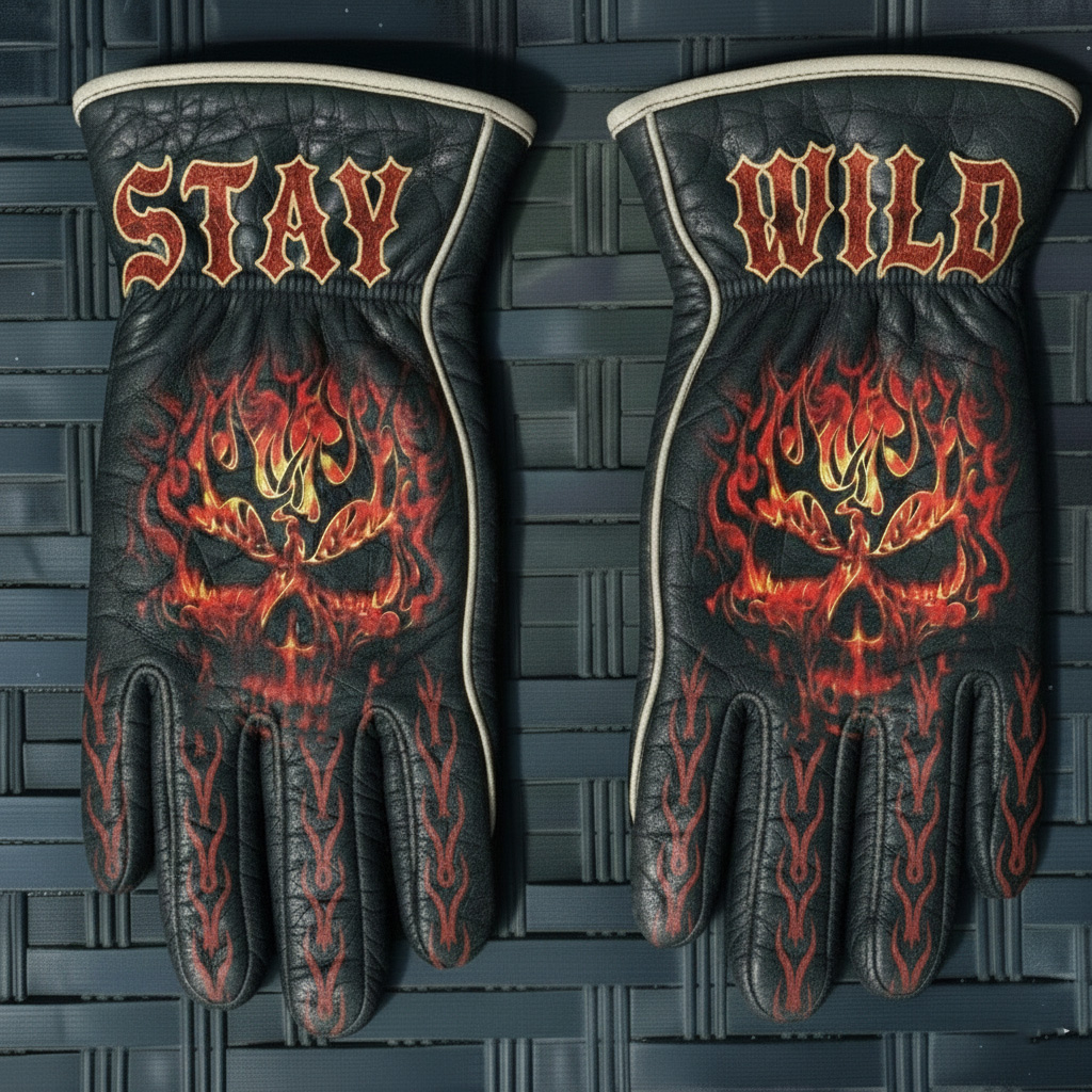 Outlaw Rebel Stay Wild Red Flame Skull Black Leather Gloves