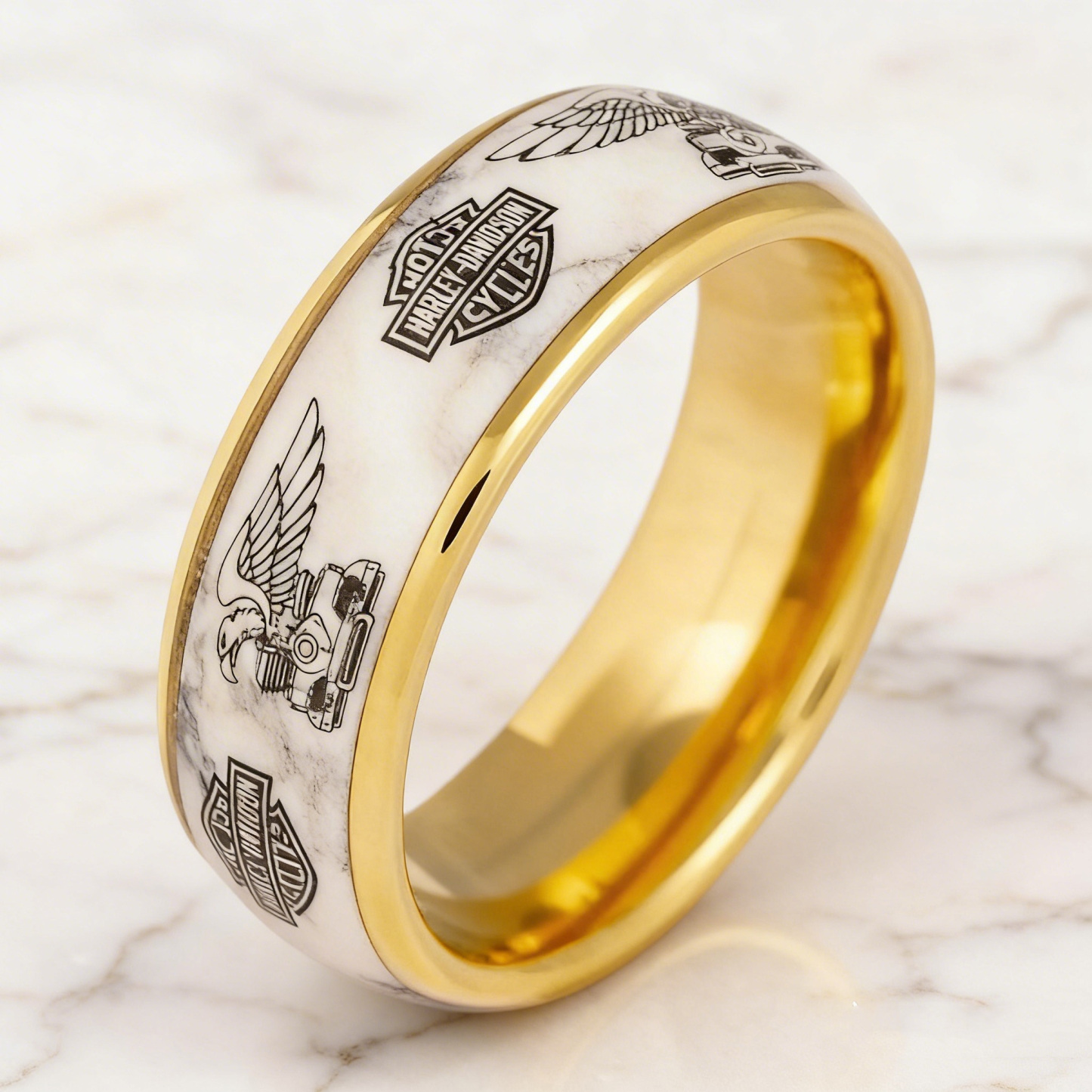 Biker Style Marble Band With Eagle And Shield Emblem Ring