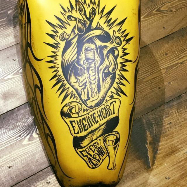 Vintage distressed yellow engine heart flames motorcycle gas tank decal