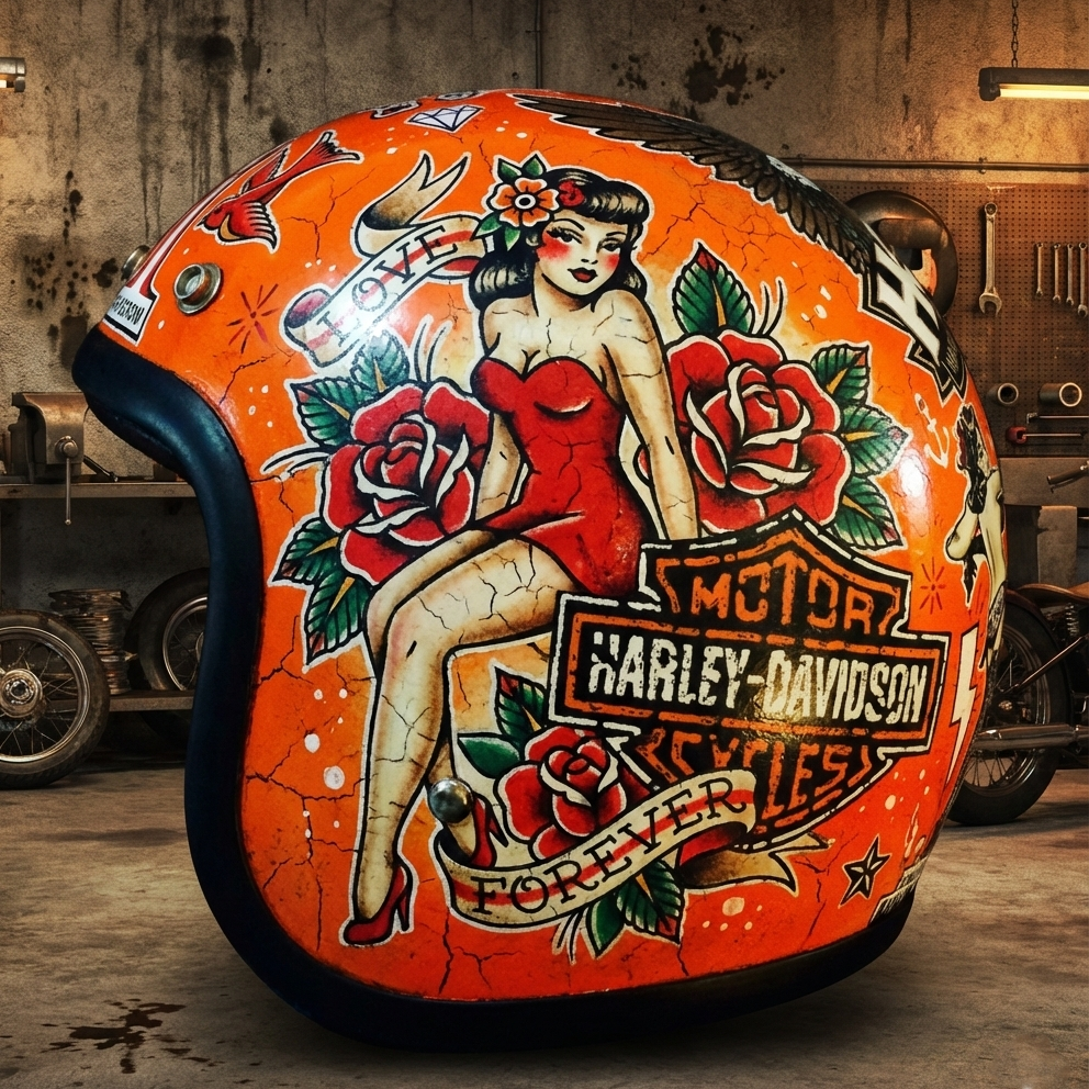 Vintage Rock Culture Distressed Graphics Open Face Motorcycle Helmet