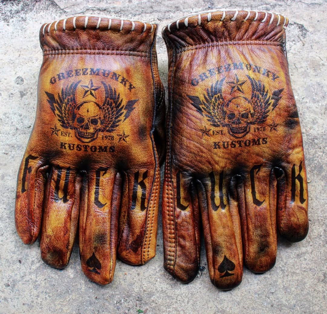 Vintage Distressed Leather Skull Graphic Custom Motorcycle Riding Gloves